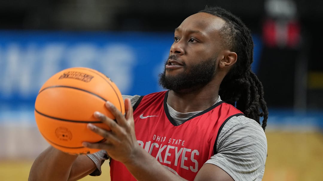 Mar 18, 2026; Greenville, SC, USA; Ohio State Buckeyes guard Bruce Thornton (2) during a practice session ahead of the first round of the men's 2026 NCAA Tournament at Bon Secours Wellness Arena. Mandatory Credit: Bob Donnan-Imagn Images