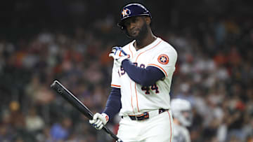 Apr 29, 2025; Houston, Texas, USA; Houston Astros designated hitter Yordan Alvarez (44) reacts after flying out during the sixth inning against the Detroit Tigers at Daikin Park.