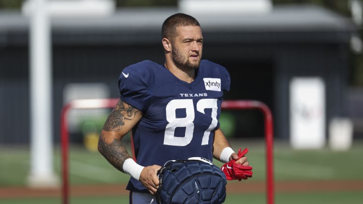 Jul 29, 2024; Houston, TX, USA; Houston Texans tight end Cade Stover (87) during training camp at Houston Methodist Training Center. Mandatory Credit: Troy Taormina-USA TODAY Sports