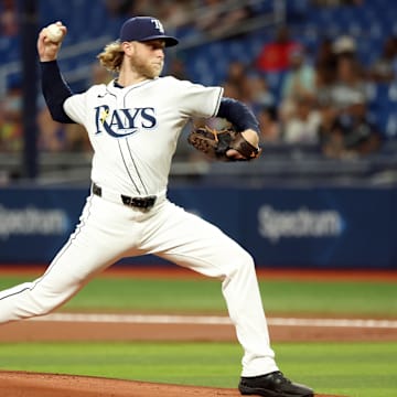 Sep 17, 2024; St. Petersburg, Florida, USA;  Tampa Bay Rays pitcher Shane Baz (11) throws a pitch against the Boston Red Sox during the first inning at Tropicana Field.