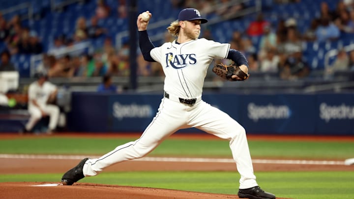 Sep 17, 2024; St. Petersburg, Florida, USA;  Tampa Bay Rays pitcher Shane Baz (11) throws a pitch against the Boston Red Sox during the first inning at Tropicana Field.