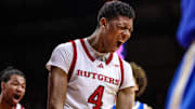 Jan 13, 2025; Piscataway, New Jersey, USA; Rutgers Scarlet Knights guard Ace Bailey (4) celebrates during the second half against the UCLA Bruins at Jersey Mike's Arena. Mandatory Credit: Vincent Carchietta-Imagn Images