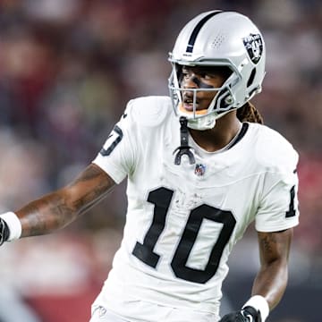 Aug 23, 2025; Glendale, Arizona, USA; Las Vegas Raiders wide receiver Dont'e Thornton Jr. (10) against the Arizona Cardinals during a preseason NFL game at State Farm Stadium. Mandatory Credit: Mark J. Rebilas-Imagn Images