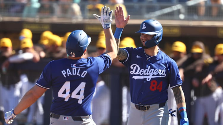 Feb 22, 2024; Peoria, Arizona, USA; Los Angeles Dodgers infielder Kevin Padlo (44) celebrates with