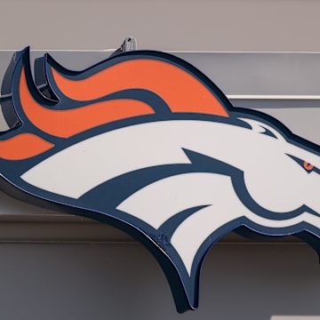Aug 27, 2020; Englewood, Colorado, USA; A general view of the Denver Broncos logo outside of UCHealth Training Center where practice was cancelled after a morning team meeting. Mandatory Credit: Isaiah J. Downing-Imagn Images