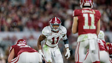 Nov 23, 2024; Norman, Oklahoma, USA;  Alabama Crimson Tide linebacker Jihaad Campbell (11) ready for the play during the third quarter against the Oklahoma Sooners at Gaylord Family-Oklahoma Memorial Stadium. Mandatory Credit: William Purnell-Imagn Images