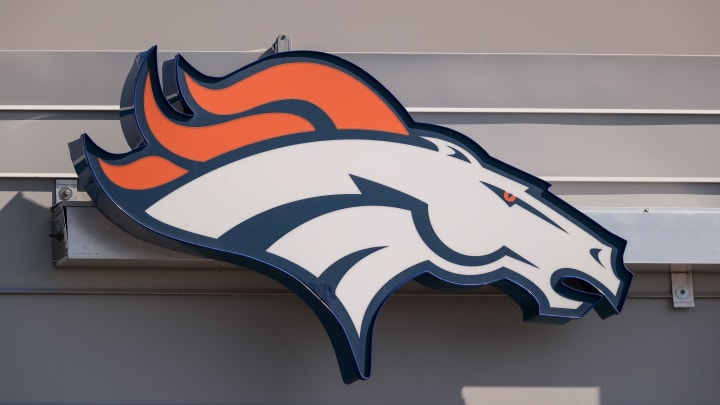 Aug 27, 2020; Englewood, Colorado, USA; A general view of the Denver Broncos logo outside of UCHealth Training Center where practice was cancelled after a morning team meeting. Mandatory Credit: Isaiah J. Downing-USA TODAY Sports