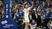 Dec 4, 2024; Omaha, Nebraska, USA; Creighton Bluejays guard Pop Isaacs (2) reacts to the crowd after making a three point basket against the Kansas Jayhawks during the second half at CHI Health Center Omaha. Mandatory Credit: Steven Branscombe-Imagn Images