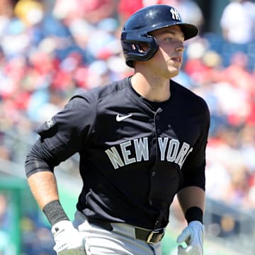 Mar 19, 2025; Clearwater, Florida, USA;  New York Yankees first base Ben Rice (93) hits a home run during the fourth inning against the Philadelphia Phillies  at BayCare Ballpark. 