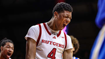 Jan 13, 2025; Piscataway, New Jersey, USA; Rutgers Scarlet Knights guard Ace Bailey (4) celebrates during the second half against the UCLA Bruins at Jersey Mike's Arena. Mandatory Credit: Vincent Carchietta-Imagn Images