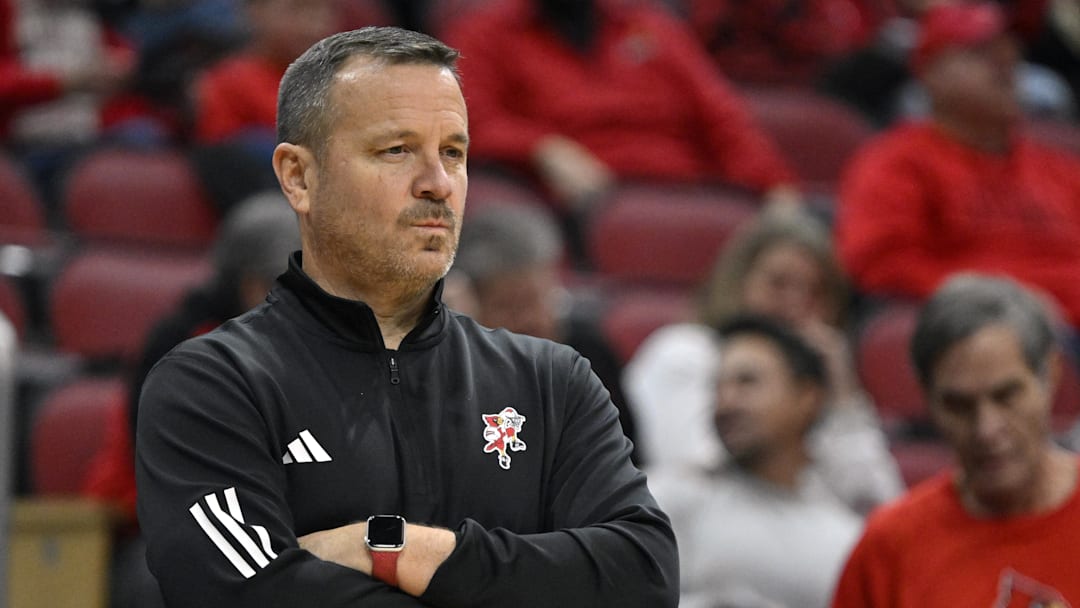 Nov 28, 2025; Louisville, Kentucky, USA;  Louisville Cardinals head coach Jeff Walz watches from the sideline during the second half against the Eastern Illinois Panthers at KFC Yum! Center. Louisville defeated Eastern Illinois 91-38. Mandatory Credit: Jamie Rhodes-Imagn Images