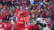 Nov 23, 2025; Kansas City, Missouri, USA; Kansas City Chiefs quarterback Patrick Mahomes (15) throws a pass against Indianapolis Colts defensive end Laiatu Latu (97) in the second half at GEHA Field at Arrowhead Stadium. Mandatory Credit: Denny Medley-Imagn Images