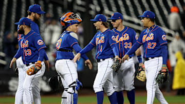 Oct 4, 2022; New York City, New York, USA; New York Mets catcher Francisco Alvarez (50) celebrates with second baseman Luis Guillorme (13) and relief pitcher Tylor Megill (38) and second baseman Jeff McNeil (1) and first baseman James McCann (33) and third baseman Mark Vientos (27) after defeating the Washington Nationals at Citi Field. Mandatory Credit: Brad Penner-Imagn Images