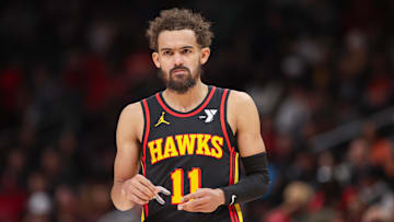 Jan 23, 2025; Atlanta, Georgia, USA; Atlanta Hawks guard Trae Young (11) in action against the Toronto Raptors in the third quarter at State Farm Arena. Mandatory Credit: Brett Davis-Imagn Images
