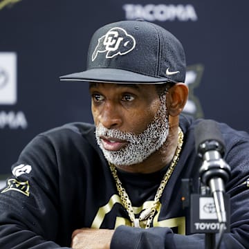 Apr 4, 2025; Boulder, CO, USA; Colorado Buffaloes head coach Deion Sanders speaks to the media at the University of Colorado NFL Showcase at the CU Indoor Practice Facility. Mandatory Credit: Michael Ciaglo-Imagn Images