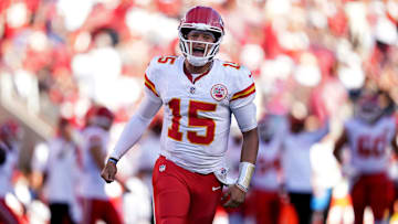 Oct 20, 2024; Santa Clara, California, USA; Kansas City Chiefs quarterback Patrick Mahomes (15) reacts after the Chiefs scored a touchdown against the San Francisco 49ers in the fourth quarter at Levi's Stadium. Mandatory Credit: Cary Edmondson-Imagn Images