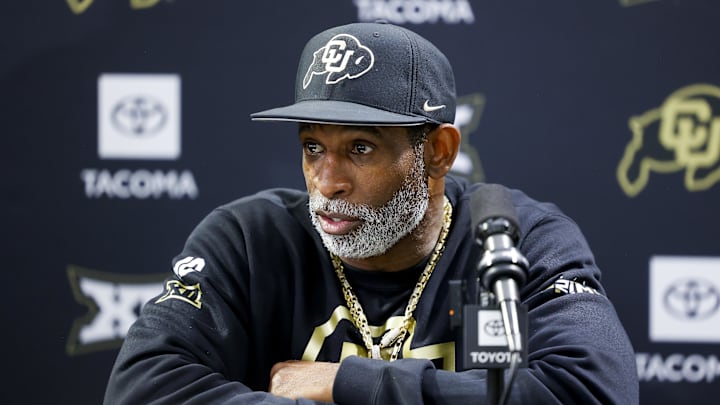 Colorado Buffaloes head coach Deion Sanders speaks to the media at the University of Colorado NFL Showcase at the CU Indoor Practice Facility. Colorado Buffaloes head coach Deion Sanders speaks to the media at the University of Colorado NFL Showcase at the CU Indoor Practice Facility.