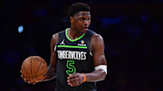 Apr 30, 2025; Los Angeles, California, USA; Minnesota Timberwolves guard Anthony Edwards (5) moves the ball against the Los Angeles Lakers during the second half in game five of first round for the 2025 NBA Playoffs at Crypto.com Arena. Mandatory Credit: Gary A. Vasquez-Imagn Images