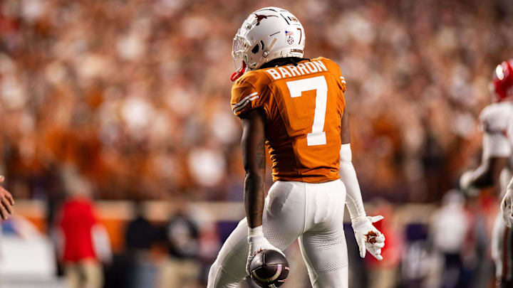 Oct 19, 2024; Austin, Texas, USA; Texas Longhorns cornerback Jahdae Barron (7) celebrates an interception in the first quarter against the Georgia Bulldogs at Darrell K Royal-Texas Memorial Stadium. Oct 19, 2024; Austin, Texas, USA; Texas Longhorns cornerback Jahdae Barron (7) celebrates an interception in the first quarter against the Georgia Bulldogs at Darrell K Royal-Texas Memorial Stadium.