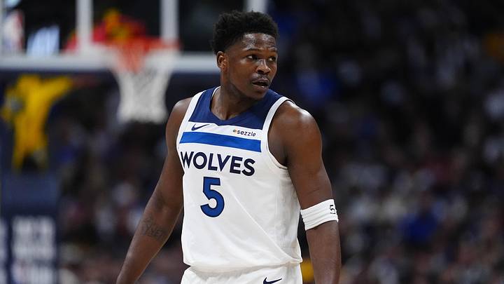 Apr 20, 2026; Denver, Colorado, USA; Minnesota Timberwolves guard Anthony Edwards (5) during the first quarter against the Denver Nuggets during game two of the first round of the 2026 NBA Playoffs at Ball Arena. Mandatory Credit: Ron Chenoy-Imagn Images