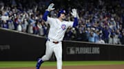 Oct 9, 2025; Chicago, Illinois, USA; Chicago Cubs right fielder Kyle Tucker (30) reacts after hitting a home run against the Milwaukee Brewers during the seventh inning for game four of the NLDS round for the 2025 MLB playoffs at Wrigley Field. Mandatory Credit: David Banks-Imagn Images