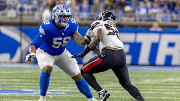 Aug 23, 2025; Detroit, Michigan, USA; Detroit Lions offensive tackle Giovanni Manu (59) defends against Houston Texans defensive end Solomon Byrd (50) during the second half at Ford Field. Mandatory Credit: David Reginek-Imagn Images