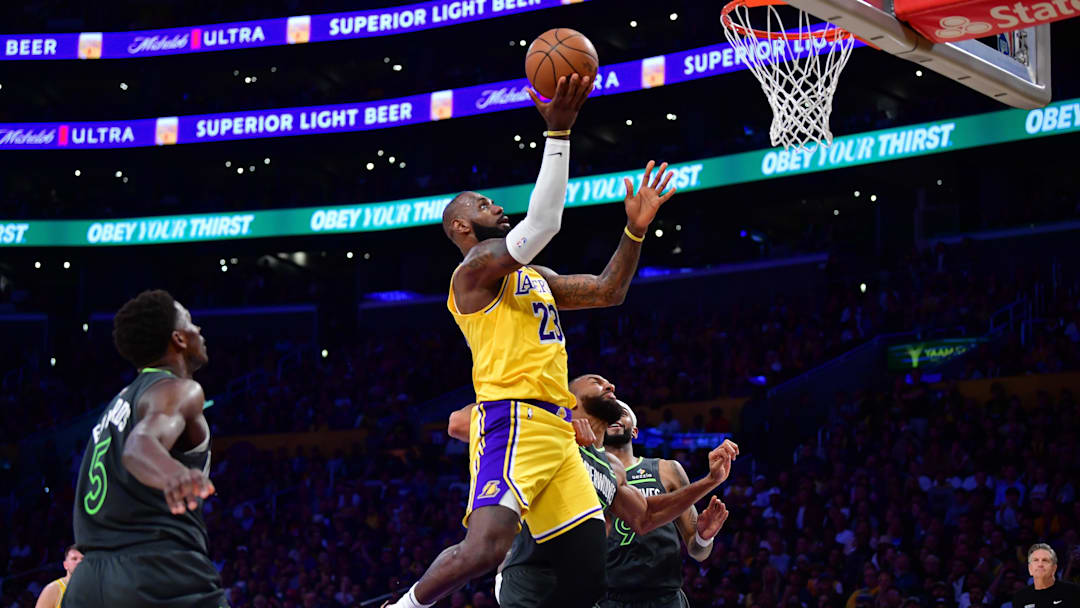 Apr 30, 2025; Los Angeles, California, USA; Los Angeles Lakers forward LeBron James (23) moves to the basket against the Minnesota Timberwolves during the first half in game five of first round for the 2025 NBA Playoffs at Crypto.com Arena. Mandatory Credit: Gary A. Vasquez-Imagn Images