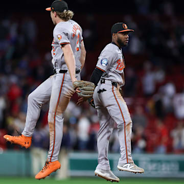 Sep 10, 2024; Boston, Massachusetts, USA; Baltimore Orioles center fielder Cedric Mullins (31) celebrates with Baltimore Orioles shortstop Gunnar Henderson (2) after defeating the Boston Red Sox at Fenway Park.