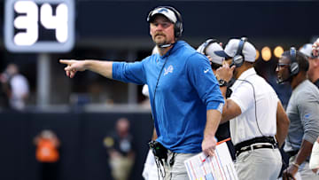 Dec 26, 2021; Atlanta, Georgia, USA; Detroit Lions head coach Dan Campbell reacts to a play during the second half against the Atlanta Falcons at Mercedes-Benz Stadium. Mandatory Credit: Jason Getz-Imagn Images