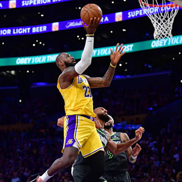Apr 30, 2025; Los Angeles, California, USA; Los Angeles Lakers forward LeBron James (23) moves to the basket against the Minnesota Timberwolves during the first half in game five of first round for the 2025 NBA Playoffs at Crypto.com Arena. Mandatory Credit: Gary A. Vasquez-Imagn Images