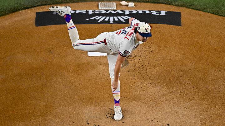 Jul 4, 2026: Texas Rangers starting pitcher Cal Quantrill (44) pitches against the Detroit Tigers during the first inning at Globe Life Field. 
