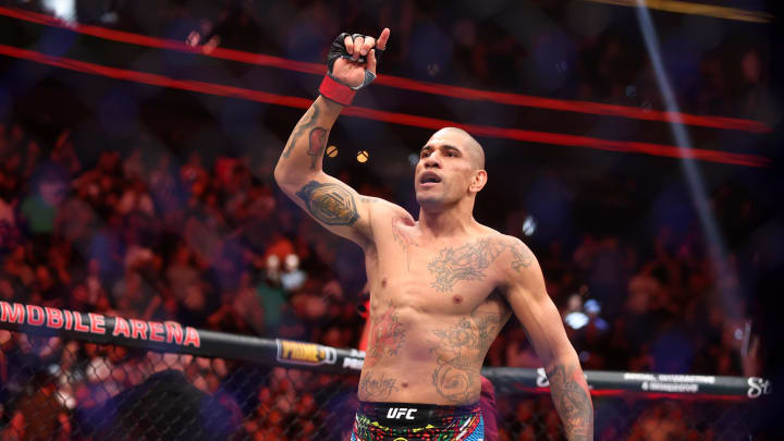 Apr 13, 2024; Las Vegas, Nevada, USA; Alex Pereira celebrates during UFC 300 at T-Mobile Arena. Mandatory Credit: Mark J. Rebilas-USA TODAY Sports