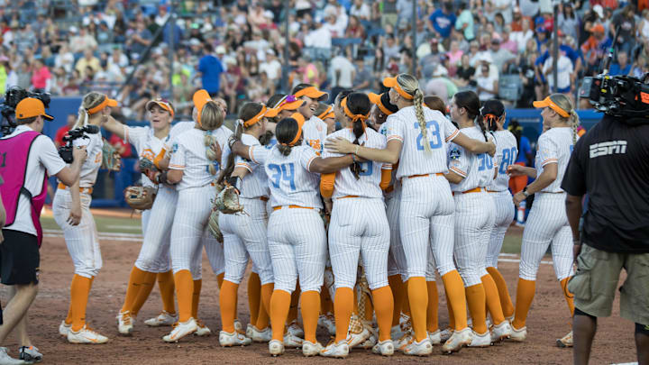 May 30, 2025; Oklahoma City, OK, USA;  Tennessee Lady Volunteers players celebrate after defeating Florida Gators 11-3 in the NCAA Softball Women's College World Series at Devon Park. Mandatory Credit: Brett Rojo-Imagn Images