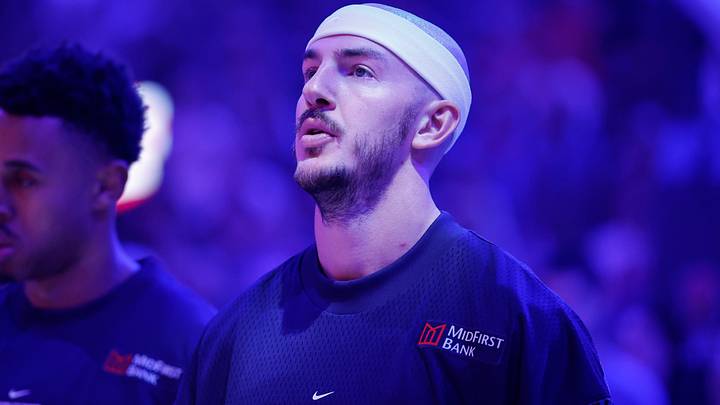 Oct 13, 2026; Oklahoma City, Oklahoma, USA; Oklahoma City Thunder guard Alex Caruso (9) stands during the National Anthem at Paycom Center. Mandatory Credit: Alonzo Adams-Imagn Images