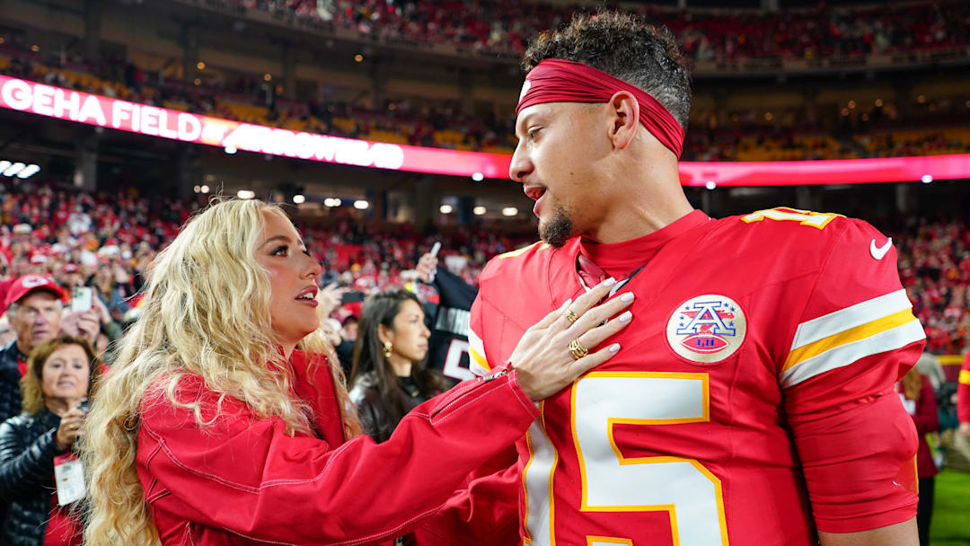 Oct 27, 2025: Kansas City Chiefs quarterback Patrick Mahomes (15) greets wife, Brittany Mahomes, at Arrowhead Stadium.
