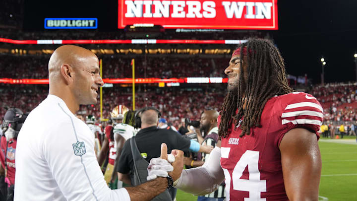 Sep 9, 2024; Santa Clara, California, USA; New York Jets head coach Robert Saleh (left) greets San Francisco 49ers linebacker Fred Warner (right) after the game at Levi's Stadium. Mandatory Credit: Darren Yamashita-Imagn Images