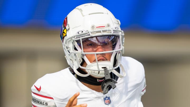 October 15, 2023; Inglewood, California, USA; Arizona Cardinals cornerback Marco Wilson (20) before the game against the Los Angeles Rams at SoFi Stadium. Mandatory Credit: Kyle Terada-USA TODAY Sports