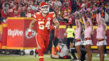Oct 12, 2023; Kansas City, Missouri, USA; Kansas City Chiefs linebacker Leo Chenal (54) runs on field against the Denver Broncos prior to a game at GEHA Field at Arrowhead Stadium.