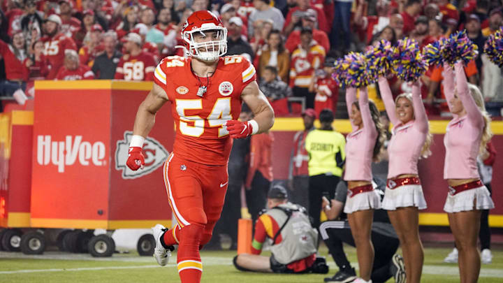 Oct 12, 2023; Kansas City, Missouri, USA; Kansas City Chiefs linebacker Leo Chenal (54) runs on field against the Denver Broncos prior to a game at GEHA Field at Arrowhead Stadium.