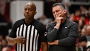 Feb 8, 2025; Stanford, California, USA; Stanford Cardinal head coach Kyle Smith looks on against the NC State Wolfpack in the second half at Maples Pavilion. Mandatory Credit: Eakin Howard-Imagn Images
