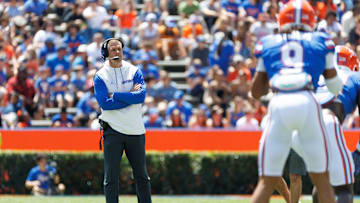 Apr 12, 2025; Gainesville, FL, USA; Florida Gators head coach Billy Napier looks on during the first half at Ben Hill Griffin Stadium. Mandatory Credit: Matt Pendleton-Imagn Images