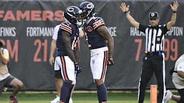 Aug 17, 2025; Chicago, Illinois, USA;  Chicago Bears wide receiver Olamide Zaccheaus (14) celebrates with wide receiver DJ Moore (2) after scoring a touchdown against the Buffalo Bills during the first half at Soldier Field. Mandatory Credit: Matt Marton-Imagn Images