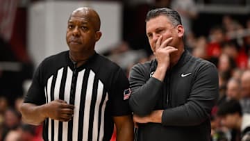 Feb 8, 2025; Stanford, California, USA; Stanford Cardinal head coach Kyle Smith looks on against the NC State Wolfpack in the second half at Maples Pavilion. Mandatory Credit: Eakin Howard-Imagn Images