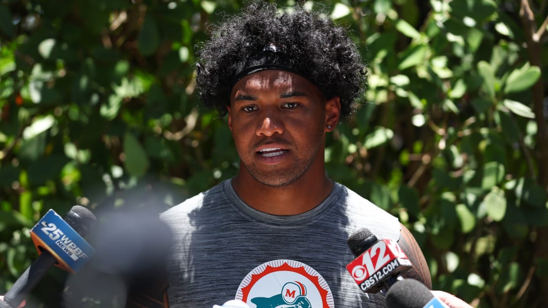 Tua Tagovailoa addressing the media and discussing his contract status last week at the Miami Dolphins Mandatory Minicamp. 