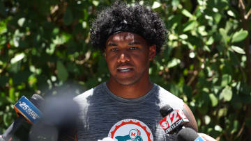 Tua Tagovailoa addressing the media and discussing his contract status last week at the Miami Dolphins Mandatory Minicamp. 