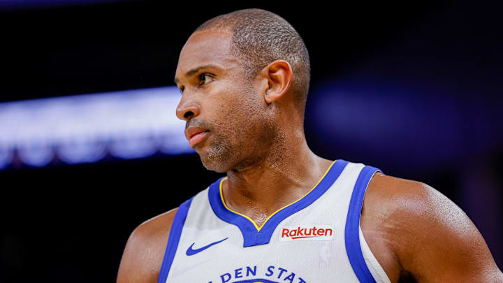 Oct 23, 2025; San Francisco, California, USA; Golden State Warriors center Al Horford (20) reacts against the Denver Nuggets during the fourth quarter at Chase Center. Mandatory Credit: Bob Kupbens-Imagn Images