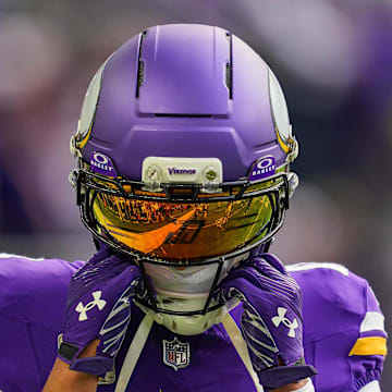 Nov 9, 2025; Minneapolis, Minnesota, USA; Minnesota Vikings wide receiver Justin Jefferson (18) before the game against the Baltimore Ravens at U.S. Bank Stadium. Mandatory Credit: Brad Rempel-Imagn Images