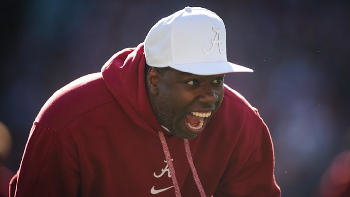 Nov 30, 2024; Tuscaloosa, Alabama, USA; Alabama Crimson Tide Assistant Head Coach JaMarcus Shephard during warm ups before a game against the Auburn Tigers at Bryant-Denny Stadium. Mandatory Credit: Will McLelland-Imagn Images
