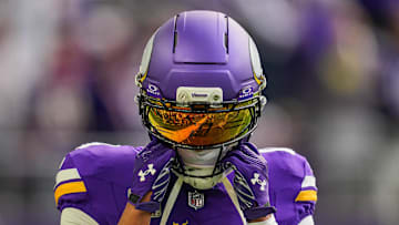 Nov 9, 2025; Minneapolis, Minnesota, USA; Minnesota Vikings wide receiver Justin Jefferson (18) before the game against the Baltimore Ravens at U.S. Bank Stadium. 