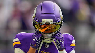 Nov 9, 2025; Minneapolis, Minnesota, USA; Minnesota Vikings wide receiver Justin Jefferson (18) before the game against the Baltimore Ravens at U.S. Bank Stadium. Mandatory Credit: Brad Rempel-Imagn Images